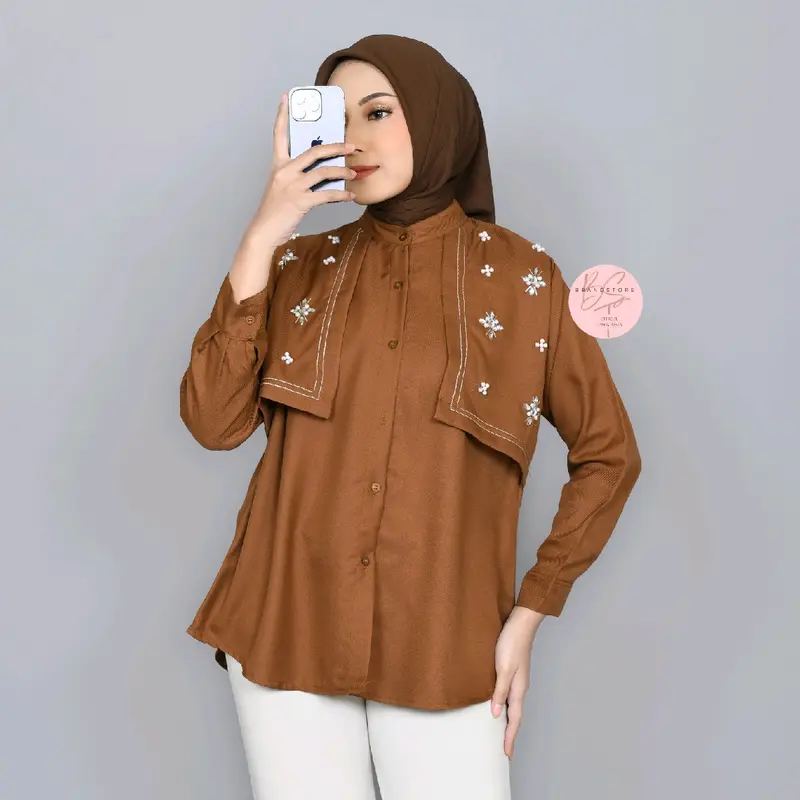 Brandstore - TRIANA Blouse New Layer Kemeja Shakila Botega Polos Shirt Kekinian Baju Panjang Wanita Atasan Katun Casual Cewek Dewasa viral vintage Oversize blouse 3