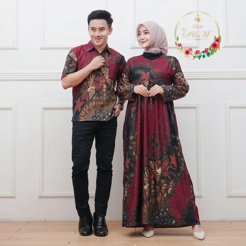 Harga sepasang Baju Pria Wanita Cuople Batik Kekinian 1 Paket Kemeja dan Gamis Sarimbit Polyester Super Premium Modern Pakaian Setelan Kondangan Pesta Muslim Pasangan 3