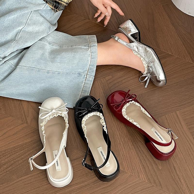 Chân thon lùi 1 size Giày SlingBack Đế Cao 5P Đính Nơ Mix Viền Ren Hở Gót Mũi Vuông Da Bóng Mềm Phong Cách Tiểu Thư Vintage Thanh Lịch Mã N169