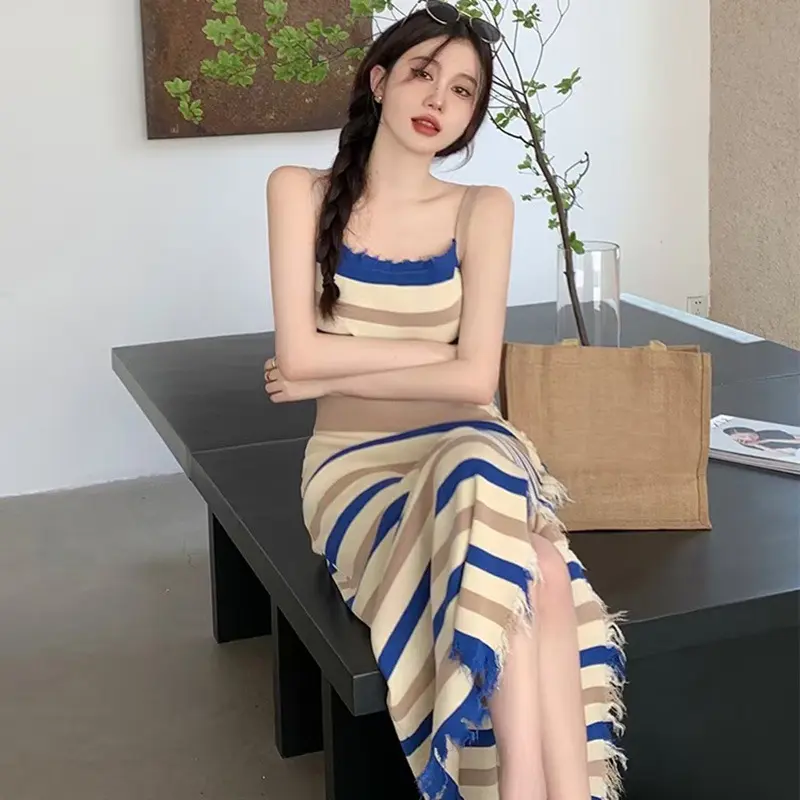 Áo Dài Xẻ Tà, Phong Cách Hàn Quốc, Màu Sắc Tương Phản, Thanh Lịch Và Vừa Vặn, Viền, Dành Cho Phụ Nữ