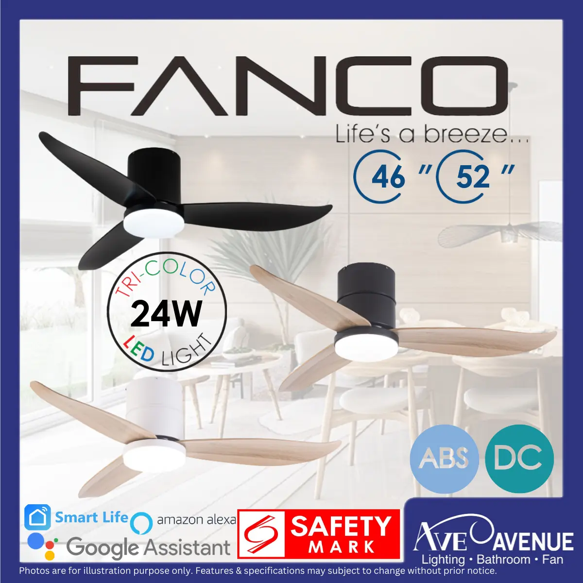 Fanco Co-Fan Rito-3 DC Ceiling Fan Smart Wi-Fi 3 Blade 46/52 Inch with LED and Remote Control
