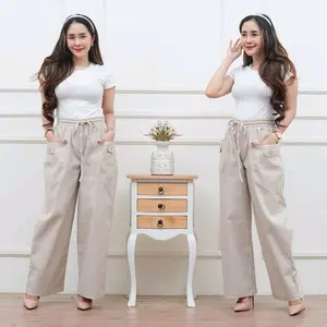 Celana Kulot Wanita Highwaist Korean Style Kekinian Kantong Depan Variasi Kancing Combed Twill
