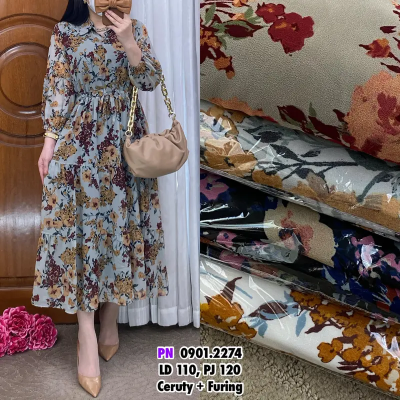 Casual Midi Dress Pesta Kondangan CINDY 2274 Dress Wanita Motif Ceruty Babydoll Terbaru 2024 0