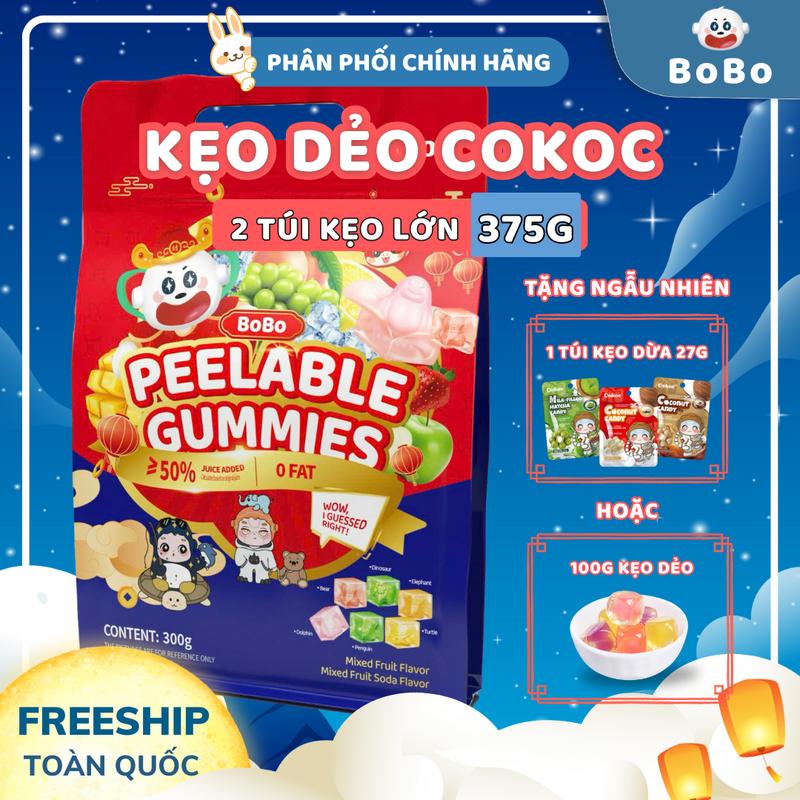 BoBo Combo 2 Túi Kẹo Dẻo Bóc Vỏ 3D COKOC Vị Trái Cây Tự Nhiên 300-375g Tặng 1 Túi Kẹo Dẻo 100g Ăn Vặt Snack Gummy Candy Dễ Ăn An Toàn Cho Trẻ Từ 3 Tuổi,Thức Ăn, Candy Food