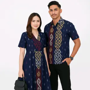 Couple Tenun Jepara Elegan – Setelan Seragam Pasangan Modern Etnik, Kemeja Pria & Dress Wanita Kombinasi Tenun Asli, Cocok untuk Acara Resmi, Kondangan, Lebaran & Foto Keluarga