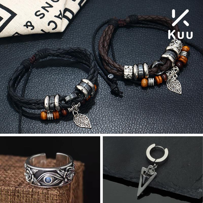 [Tặng hoa tai] Bộ đôi vòng tay da và nhẫn titan Cổ điển tự điều chỉnh size thời trang cá tính KuuClothes - Combo VTREGI + NROSE