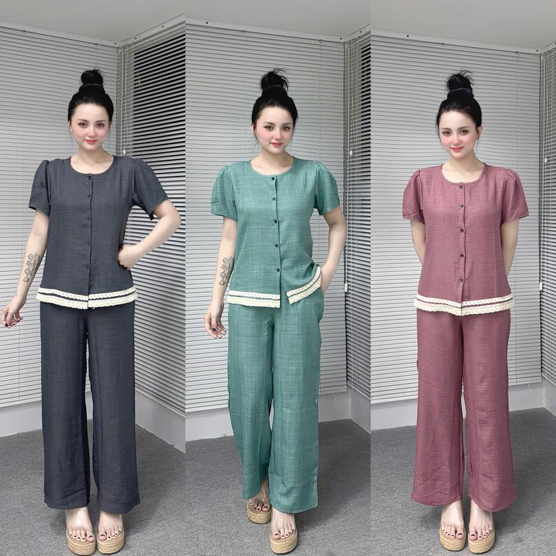 set đồ bộ dài nữ đũi mềm, áo cổ tròn tay áo bầu phối ren, thoáng mát dễ thương size từ 45-65kg