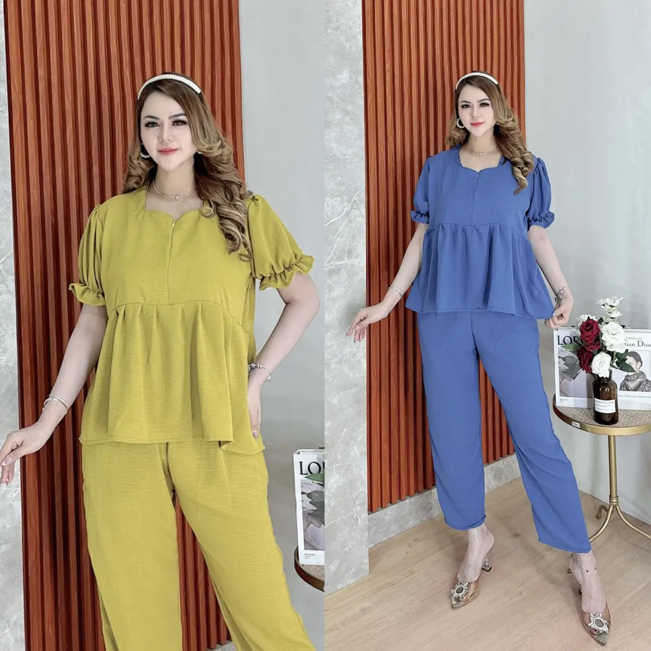 paket hemat isi 2 pcs one set setelan LISA setcel polos wanita korean style kekinian ruffle busui frendly