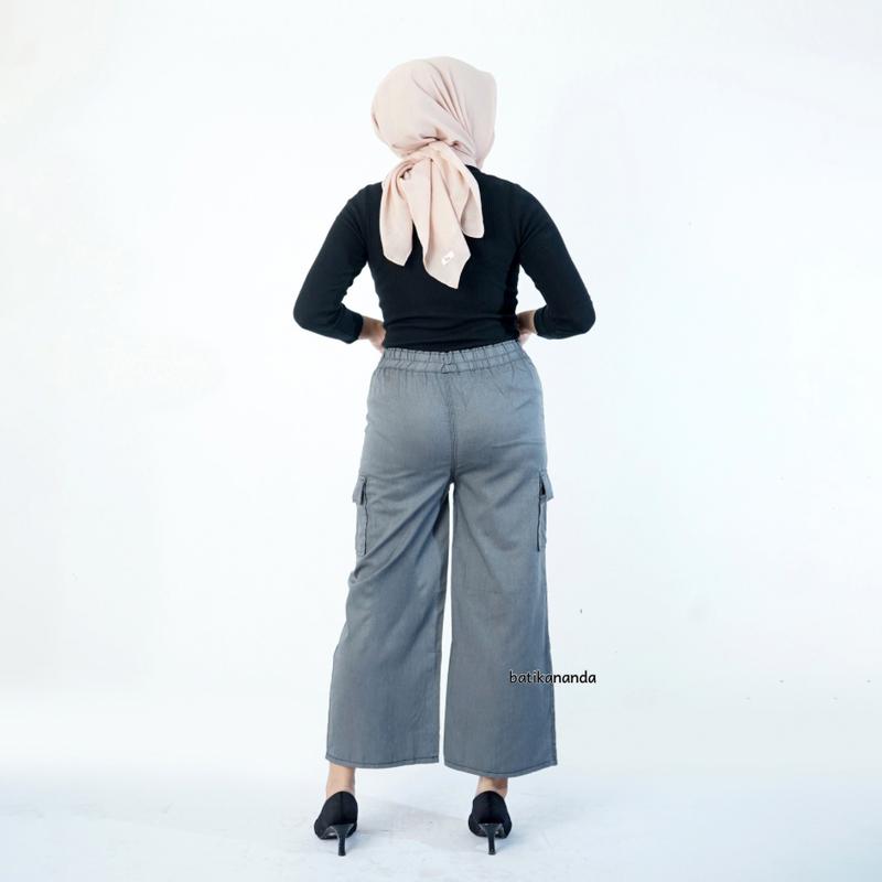 Celana Kulot Cargo Jeans // Celana Cargo wanita Jeans Panjang Harga Grosiran Hitam Karet Loose Cewek 3