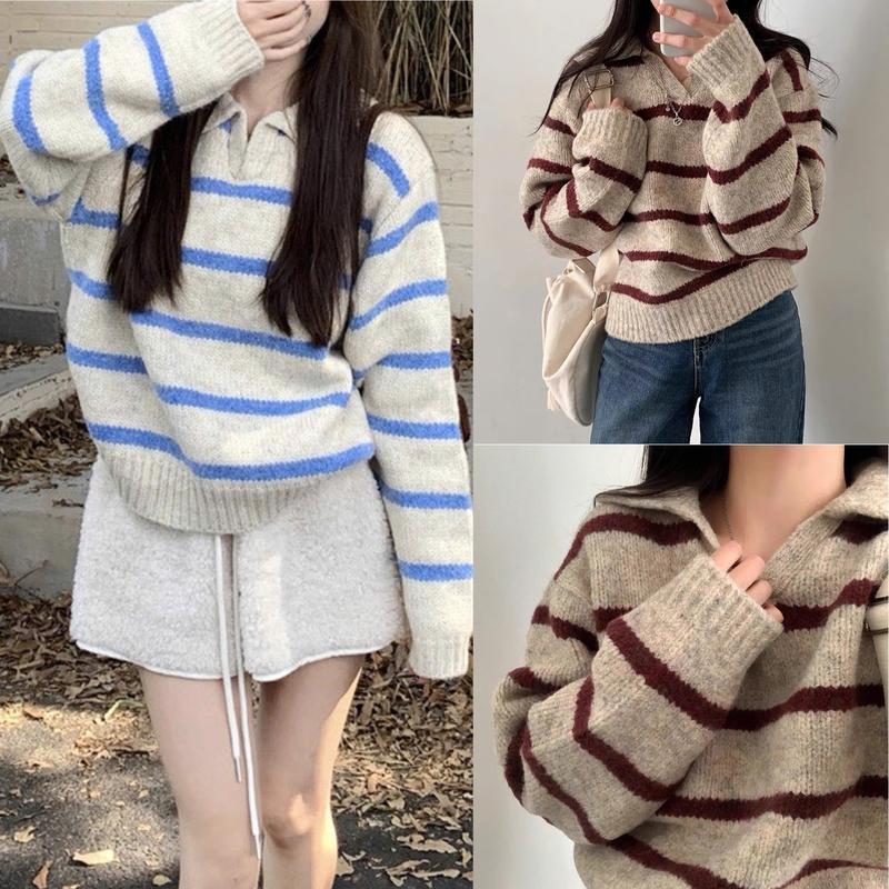 Áo len nữ kẻ sọc ngang cổ polo chất len dầy dặn SUMIISHOP mã QC109