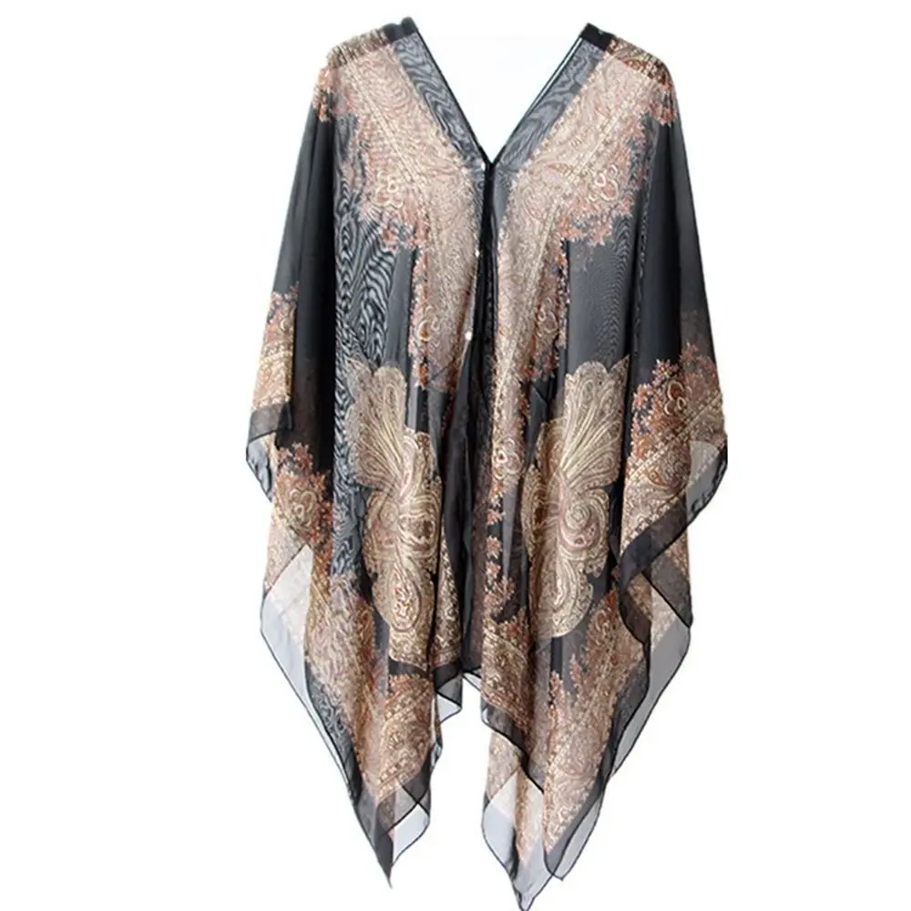 Thin Retro Elegant National Style Printing Scarves Ethnic Style Bikini Cover Floral Female Wraps Sunscreen Scarf Chiffon Scarf Korean Style Shawl
