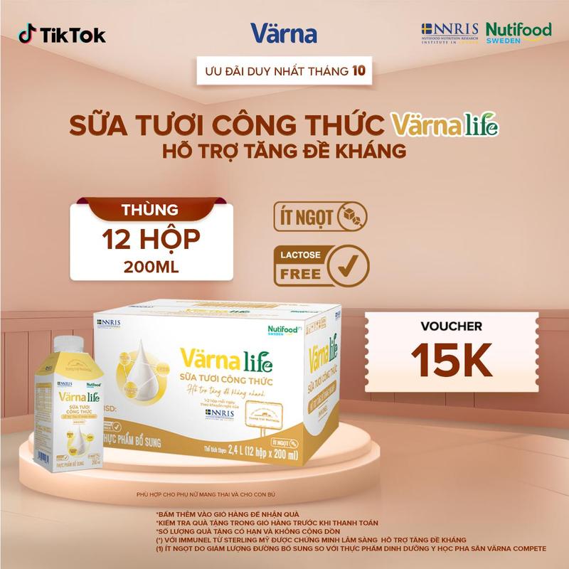 Thùng 12 Hộp Sữa Tươi Công Thức Varna Life Hỗ Trợ Tăng Cường Sức Đề Kháng (12 x 200ml) - Vàng