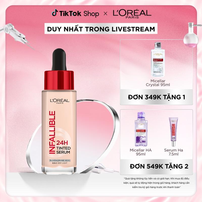 [MỚI] Kem nền dạng serum 24h căng mướt, tự nhiên L'Oreal Paris Infallible 24H Tinted Serum (1% Hyaluronic Acid) 30ml