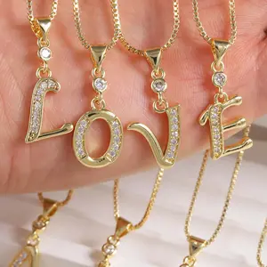 Kalung Wanita Baru, Kalung Berlapis Emas Tembaga 18K, Kalung Teks A-Z Dengan Berlian