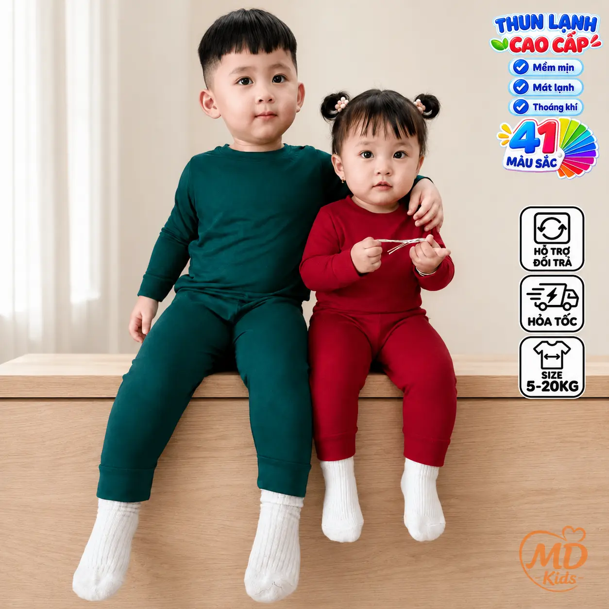 Bộ Đồ Thun Lạnh Áo Tay Dài Quần Dài Cho Bé Trai Bé Gái Trẻ Em (5–20kg) MDKids