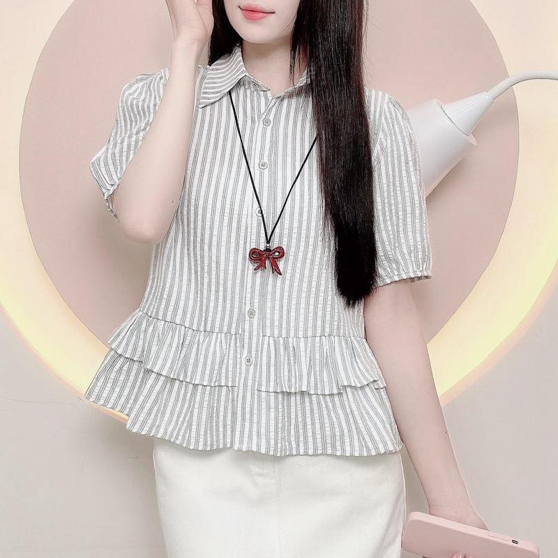 Áo sơ mi kẻ sọc nữ dáng babydoll tay ngắn xinh xắn trẻ trung  LAMO- B1416