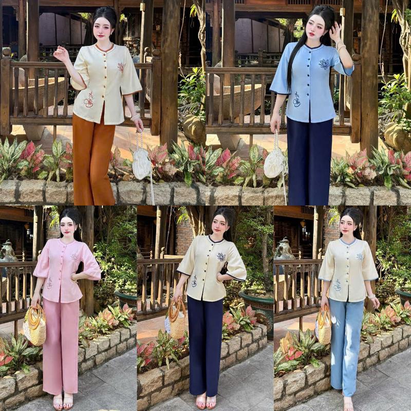 Set Lam Đi Chùa Thiết Kế Cổ Tròn Viền Thêu Hoa Sen Và An Nhiên, Kate Lụa Mềm Mát, Nút Cài Trước, Pháp Phục Đi Lễ, Có Size, Bigsize, bộ lam đi chùa nữ, bộ đi chùa cho nữ 2025, đồ lam bigsize cho nữ, set đồ lam đi chùa, đồ lam cho mẹ 50 tuổi
