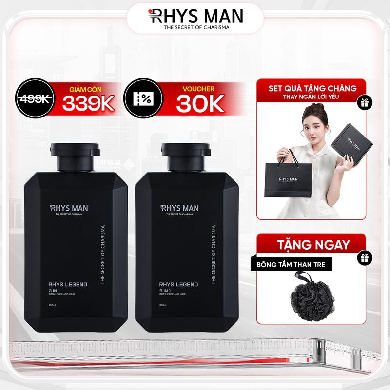 Combo Huyền Thoại RHYS MAN - Sữa tắm gội nam RHYS MAN hương nước hoa 3in1 Rhys Legend 350ml | Tặng 1 set Hộp & Túi Dưỡng Thể