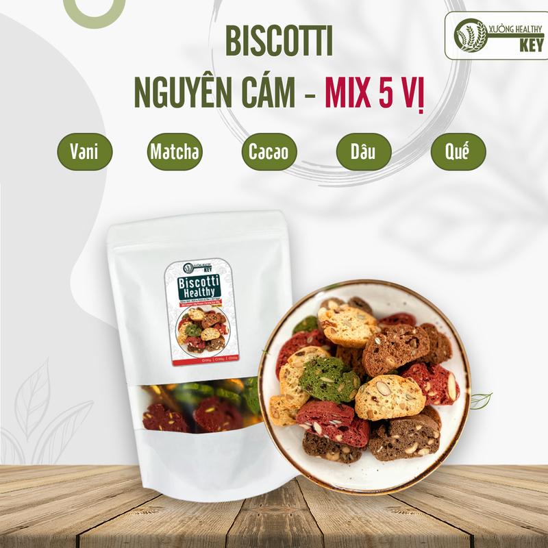 Bánh Biscotti nguyên cám Healthy Key - 500gr Mix 5 vị - Vani, Cacao, Matcha, Dâu tây, Cam quế - Bánh Quy ăn vặt Thức Ăn Snack Food biscotti