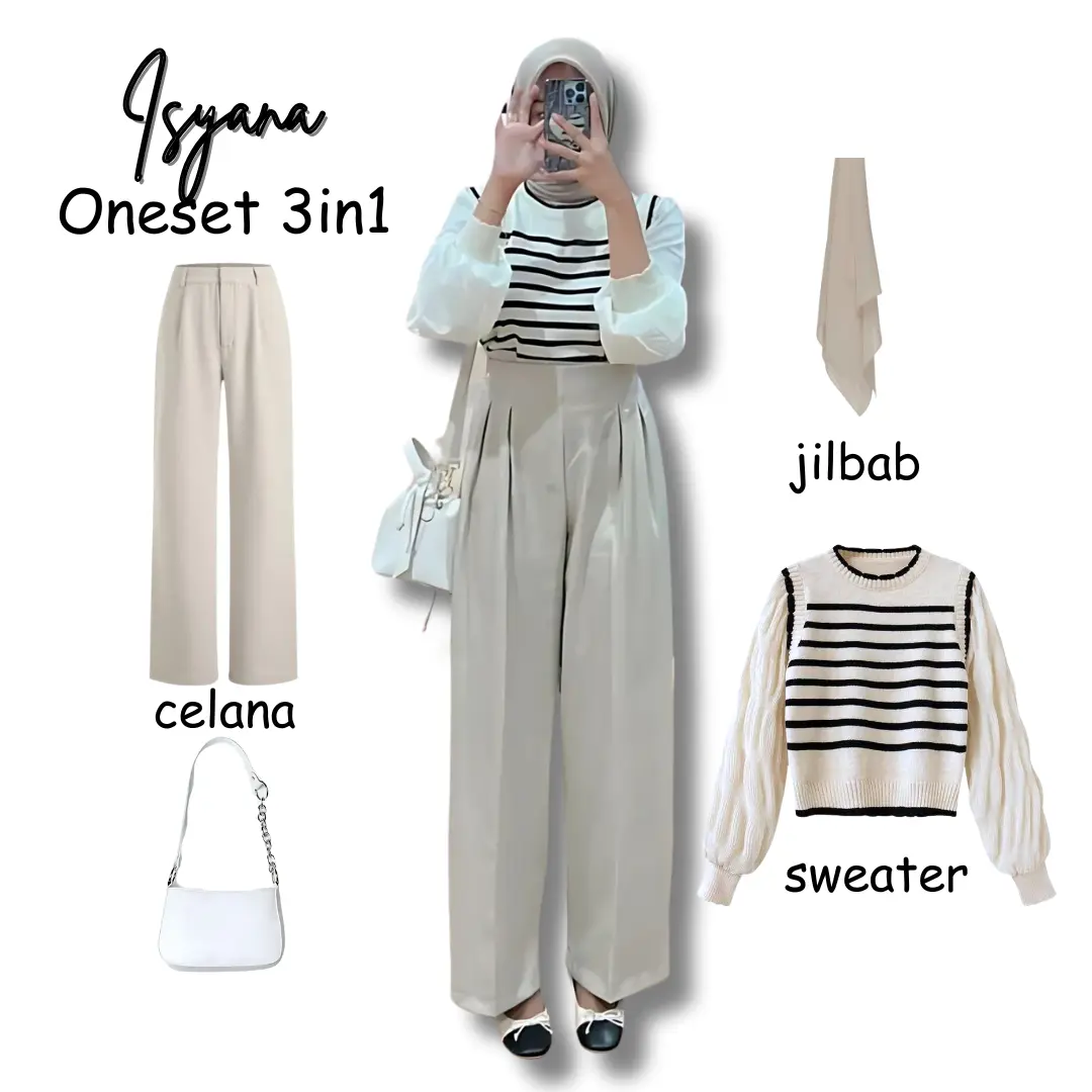 oneset 3in1 atasan sweater strip korea celana kulot highwaist ivory  jilbab bella cream | perempuan wanita cewek ootd hijab casual hangout pantai piknik kuliah korean style HK175