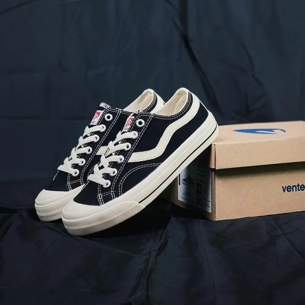 Promo!!! Ventela Public Black Natural Termurah / Sepatu Sneakers Pria Wanita Hitam Putih Casual Shoes Canvas Kasual Karet