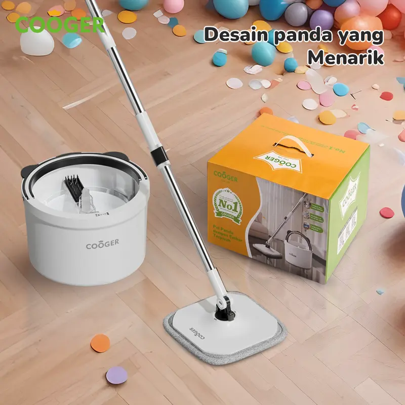 COOGER Alat Pel Lantai Putar Plus Bentuk Panda Single Bucket Plus Spin Mop 2IN1 Panda Dual Teknologi Pemisah Air Kotor Dan Bersih Dalam Satu Ember Kain Stainless Hitam Pink 3