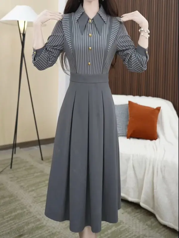 【ready stock】Gaun Dua Potong Palsu Sambungan Bergaris untuk Wanita dengan Rok Berlipat Kerah Polo 1
