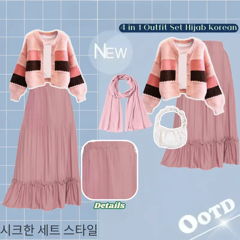 One Set Korean Style (Hijab Cardigan Tas Bahu Rok Plisket) Variasi Baju Setelan Wanita Simple CS002 Nyaman Muslim Panjang Karet Bawahan Pink Putih 0