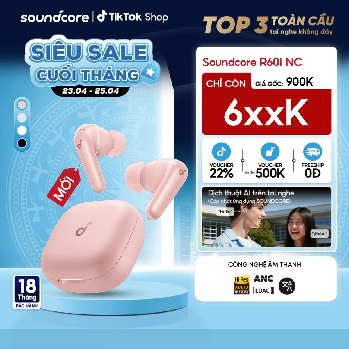 [MỚI] Tai nghe bluetooth không dây chống ồn Soundcore R60i NC chống ồn ANC | 6 Mic đàm thoại AI| Dịch thuật| 50 giờ phát nhạc- Tai nghe không dây- Tai nghe bluetooth pin trâu- Bảo hành 18 tháng- Hàng chính hãng