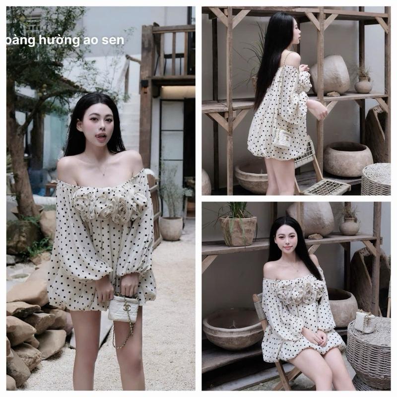 Đầm BabyDone Tiểu Thư Chấm Bi Tay Dài Trễ Vai Nhấn Hoa set váy áo trễ vai tay dài áo xanh baby doll set áo 2 dây babydoll váy hai dây chấm bi set hot drees