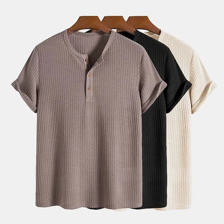 KAOS KANCING PRIA LENGAN PENDEK / HENLEY PENDEK BAHAN WAFER SANTAI Fit Panjang Polo Slim Kerah Hitam Formal