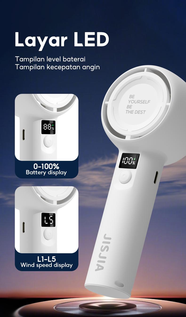JISJIA Kipas Angin Mini A2 5-Speed 1200mAh LED Display Baterai Lithium USB Type-C Portabel Ringan untuk Tangan dan Desktop