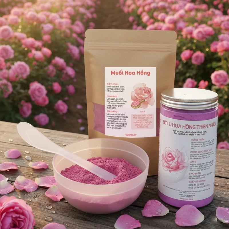 COMBO ĐẶC BIỆT: 500g BỘT tặng kèm 250g muối tắm + 1 bộ chén nhựa BỘT CÁNH HOA HỒNG Ủ TRẮNG BODY HỔ TRỢ SÁNG DA