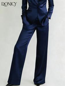 Traje de mujer de satín sólido con cintura alta y pantalón largo de pierna ancha; textura de satín formal; ideal para la oficina, eventos nocturnos, brunch y ocasiones casuales.