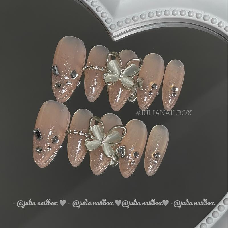 JuliaNailbox Mã 478 thạch nude mix nhũ flash Móng tay giả thiết kế thủ công sơn gel tặng kèm keo miếng dán dũa bông cồn gắn dễ dàng tiện lợi có thể tái sử dụng