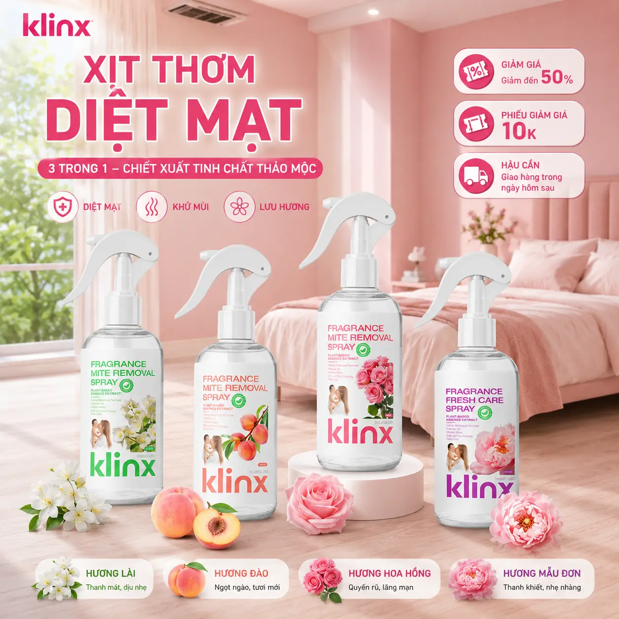 [Klinx-Hàng chất lượng cao] Xịt thơm diệt mạt Klinx-dùng cho ga giường và các loại vải, không cần giặt lại, tiện dùng hằng ngày, giúp kháng khuẩn, loại bỏ mạt bụi và mang lại mùi hương cao cấp.