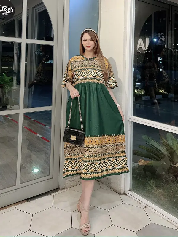 Dress Wanita dengan Kain Rayon Lembut dan Nyaman untuk Motif Songket Gelombang Cantik Casual Daster Panjang 4
