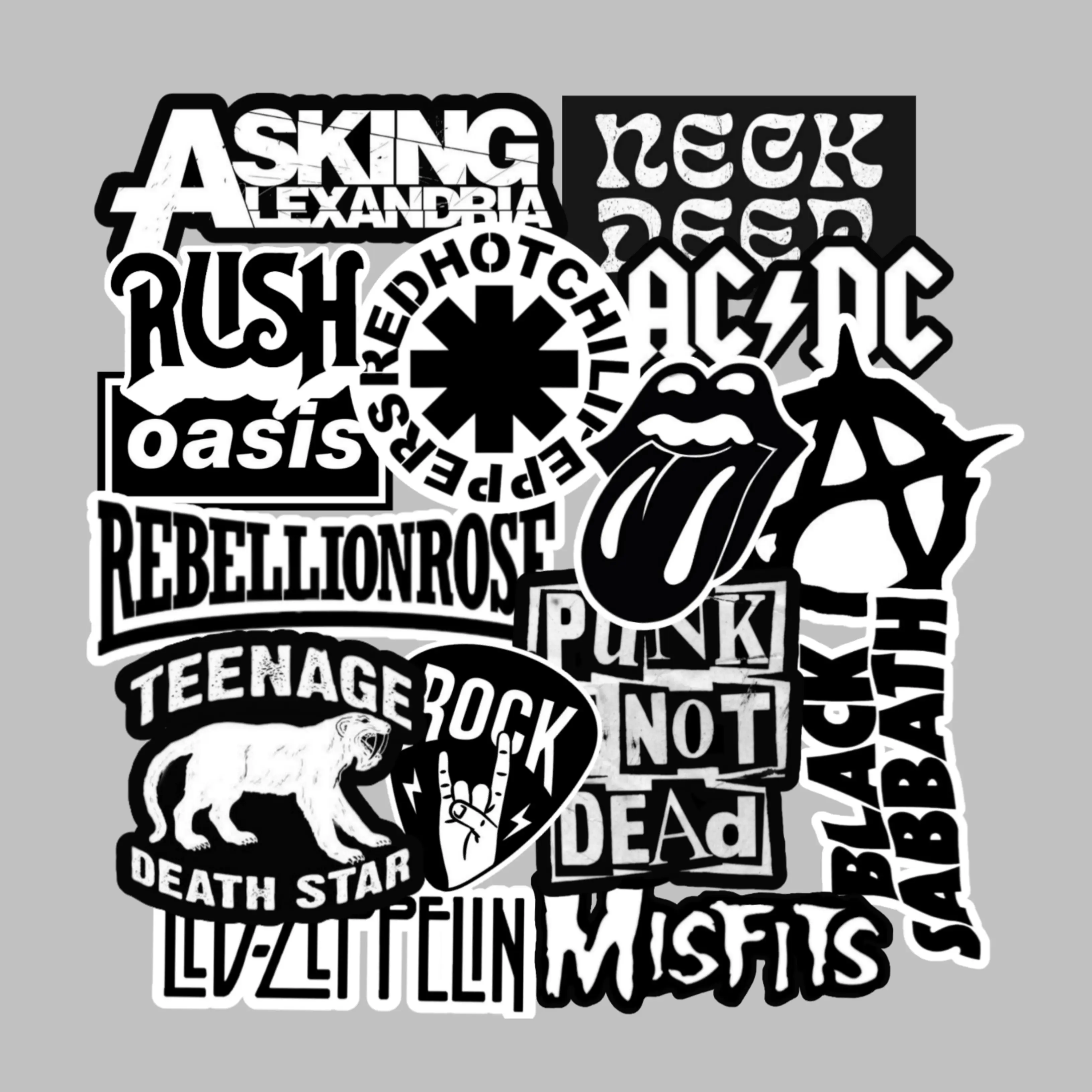 STIKER BAND MUSIC ROCK METAL ISI 15PCS HITAM PUTIH, sticker anti air, aesthetic, helm, laptop, case hp vol 9
