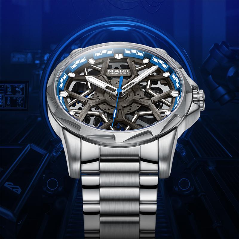 【Bảo hành 2 năm Mark Fairwhale Watch Men Đồng hồ cơ khí tự động bằng thép không gỉ quay số lớn 30M Thời trang chống thấm nước Glow In The Dark Steel Strap FW-6800 Đeo Tay