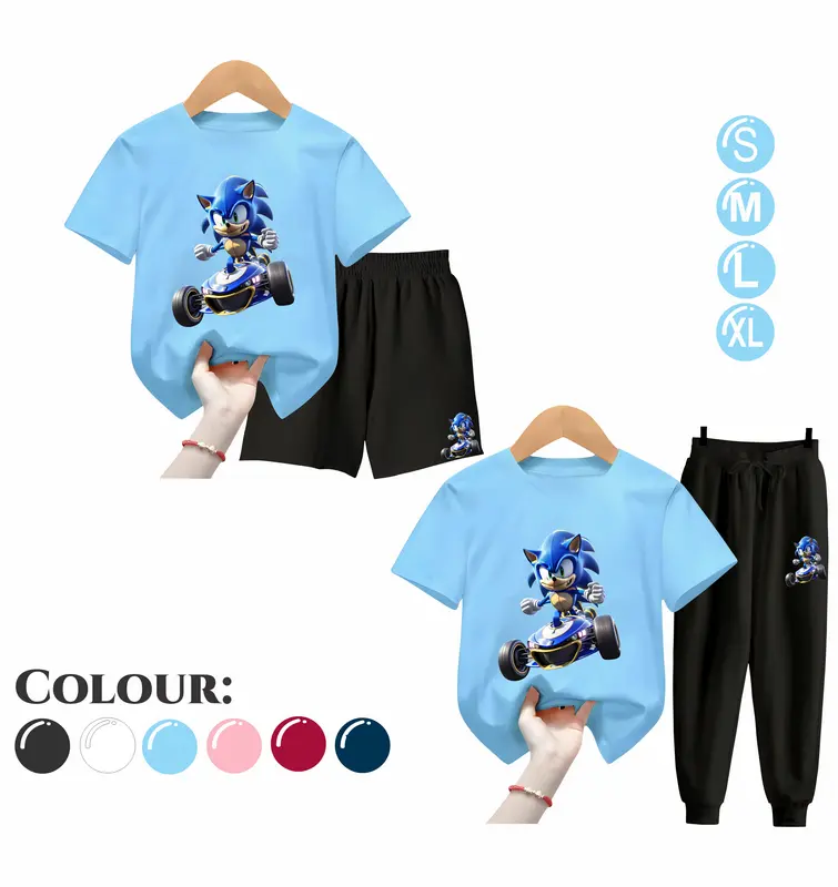 Baju Setelan Anak Laki Laki - Pakaian Kaos dan Celana Fashion Anak Cowok Usia 5-15 Tahun - Motif SONIC Putih 2