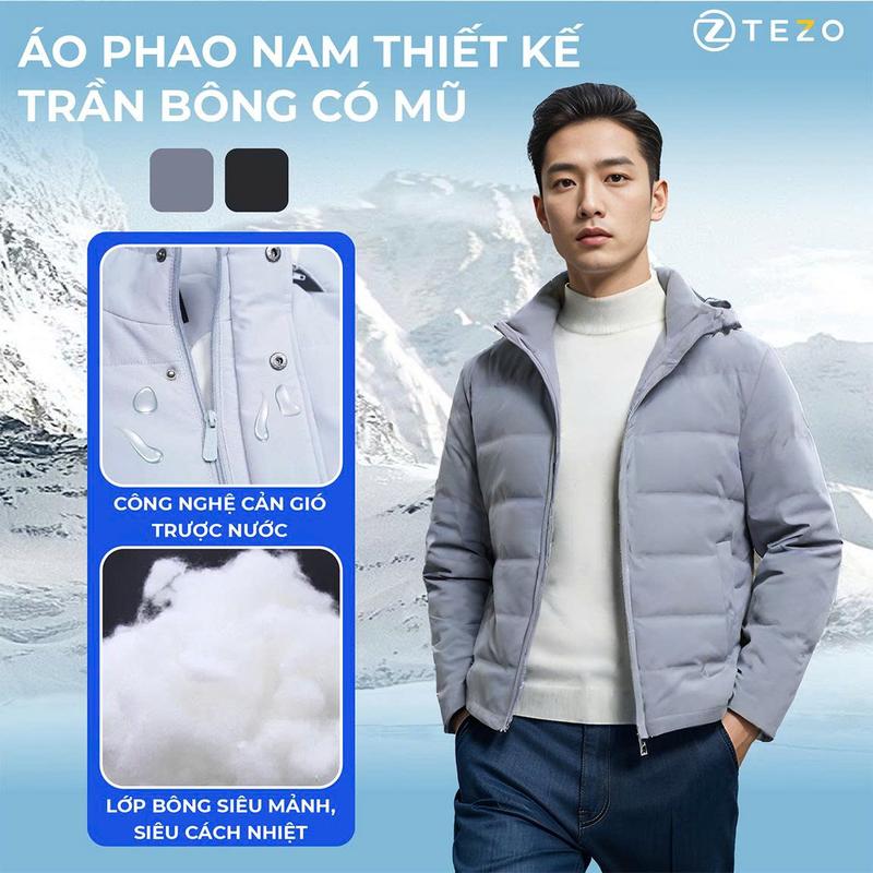 Áo phao nam Tezo thiết kế trần bông mỏng nhẹ giữ ấm tốt mũ có thể tháo rời 24APTB005