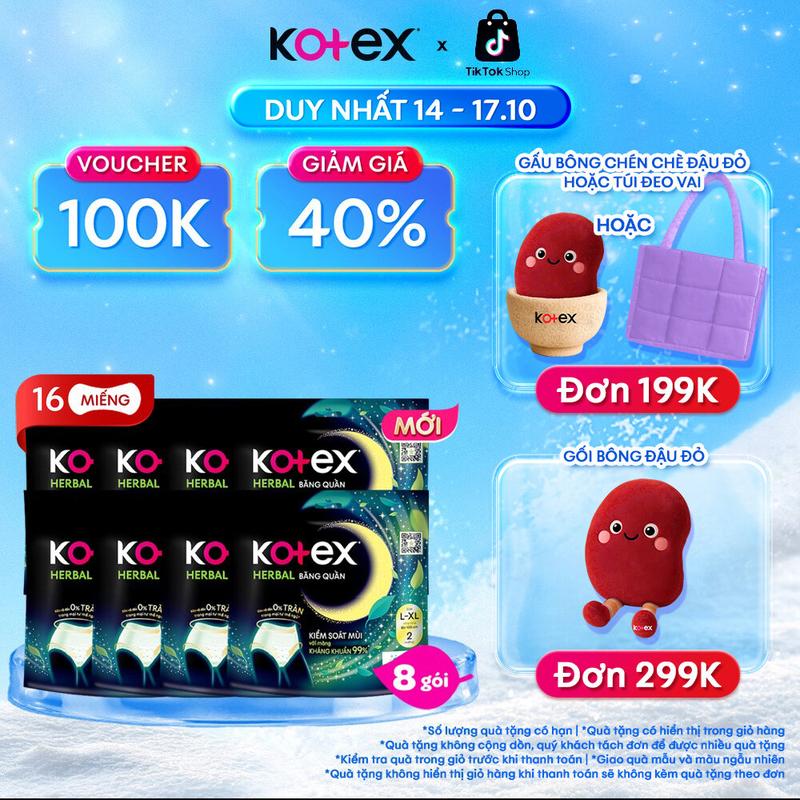 [QUÀ TẶNG HOT] 8 gói băng vệ sinh quần Kotex Herbal cỡ L/XL​, chống tràn, thấm hút tốt, thoáng khí, không lộ viền, khử mùi, kháng khuẩn, 2 miếng/gói, phù hợp sử dụng ngày và đêm, dành cho phụ nữ mang thai và sau sinh, bvs kinh nguyệt nhiều, tampon​​