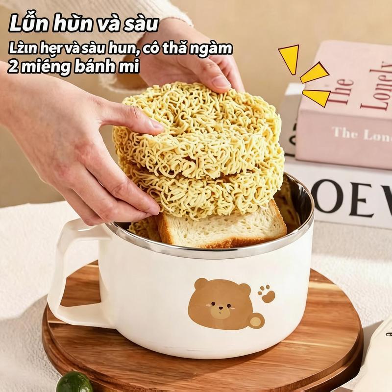 Bát mì ly hình gấu kem, inox 304 có nắp thoát nước, tay cầm chống nóng, dung tích lớn cho sinh viên ký túc xá, bộ đồ ăn cá nhân đẹp mắt.