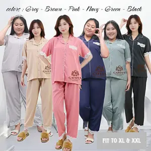 Gafesa - FLORA One Set Pajamas Premium Nylon Lycra | Baju Tidur Wanita Lengan Pendek Celana Panjang FIT XL & XXL
