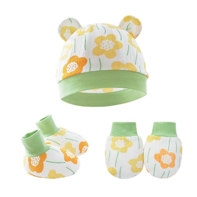 0-6M Baby Fetal Hat Anti-scratch Gloves Foot Cover 3 Pieces Set Newborn Ear Hat 3