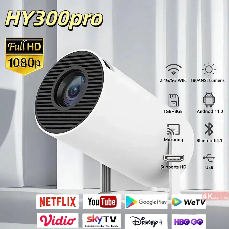Proyektor HY300pro 4K 1280* 720P CinemaBig Screen Experience with Premium 360 Sound 180° Rotating5.0 Bluetooth  Compatible With Android/iOS/Windows/TV 0