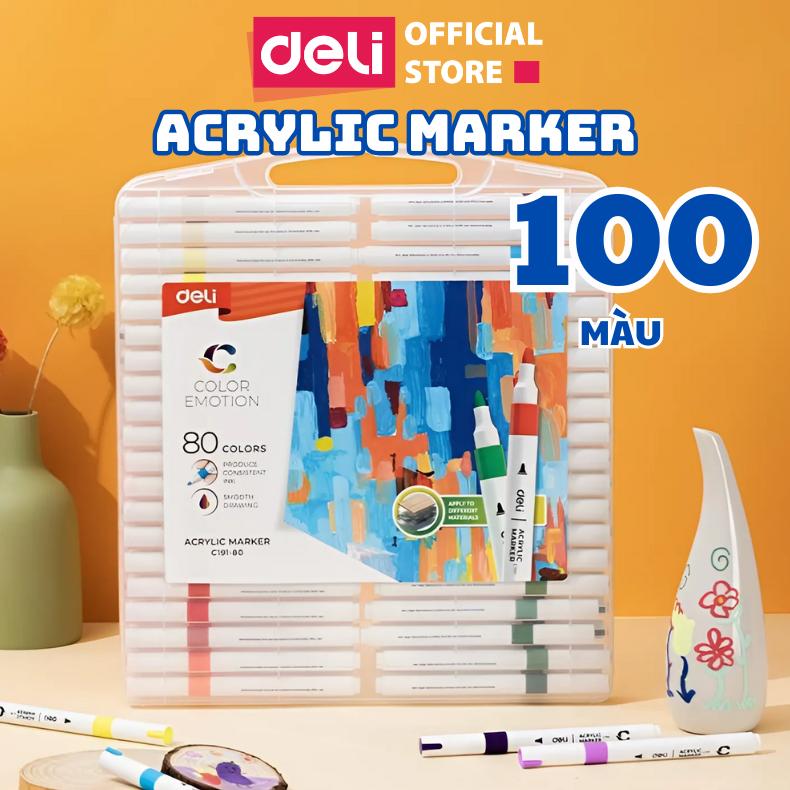 [DEAL LIVE THÁNG 7] Hộp 100/80 màu Acrylic Marker Deli nhiều hơn 80% mực - Hộp nhựa, có quai xách tiện lợi, chống thấm nước, tô màu đậm, thích hợp đi nét DIY vẽ quần áo giày