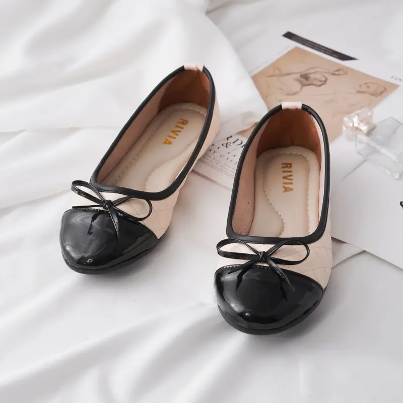 Sepatu Balet Kerja RIVIA Flatshoes Wanita Tali Iket Garis-Garis Empuk Sol Karet Hitam 7