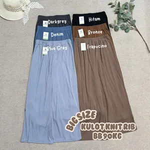 CELANA KULOT WANITA PINGGANG FULL KARET RIB RAJUT JUMBO PANJANG