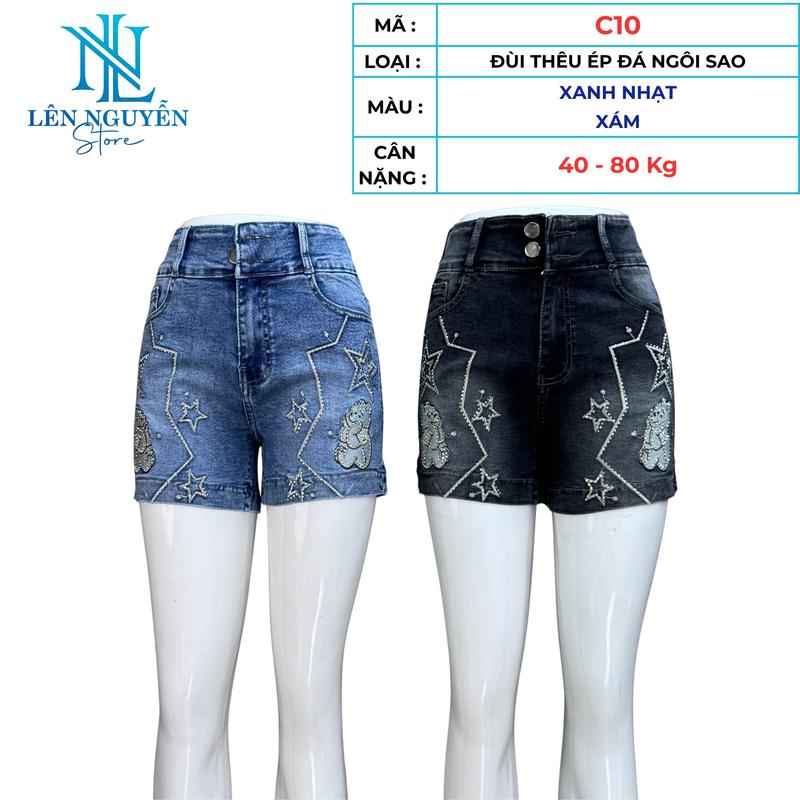 C10 Len Nguyen Store Quần Jean Bò Nữ Đùi Shot Dài 30-35cm Màu Xám Xanh Size 40kg-80kg Thiết Kế Thêu Ép Đá Nơ Lưng Cao 2 Nút Co Giãn Mền Mịn Bigsize Hotgirl Skinny Trẻ Trung Tự Tin Dễ Phối Đồ. Women Pants Denim